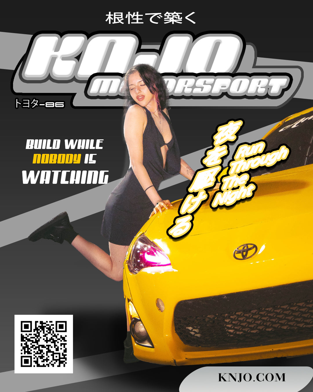 KNJO Japanese-inspired automotive graphic featuring a yellow sports car and model, with motorsport-style typography and QR code